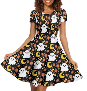 JEOCODY Women Gothic Dress Short Sleeve Crew Neck Halloween Costume Size S-4XL