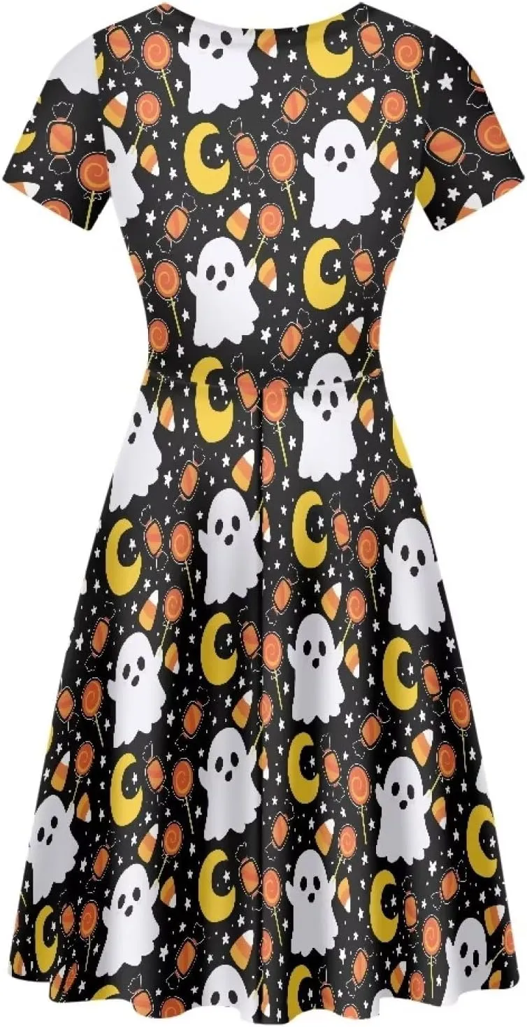 JEOCODY Women Gothic Dress Short Sleeve Crew Neck Halloween Costume Size S-4XL