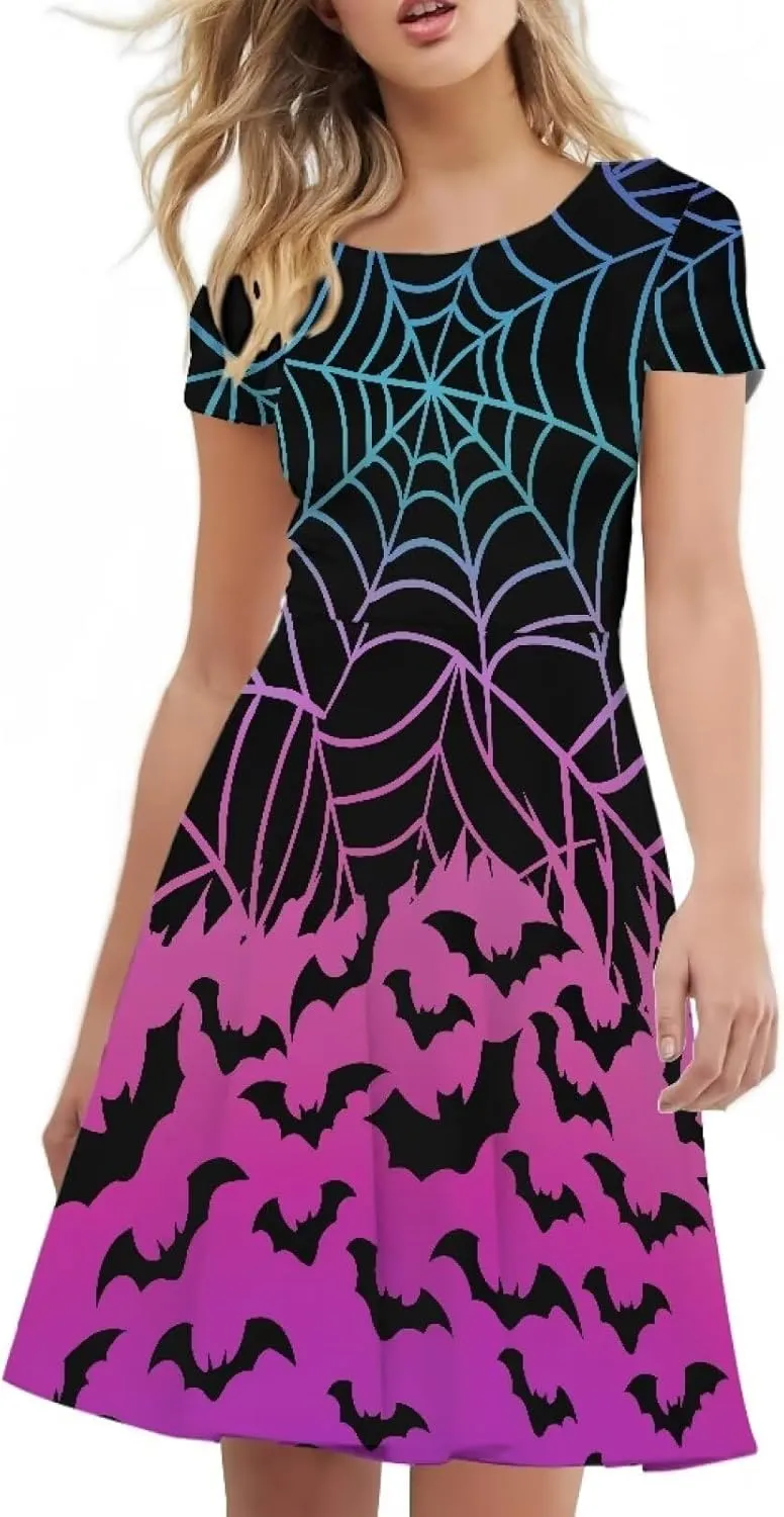 JEOCODY Women Gothic Dress Short Sleeve Crew Neck Halloween Costume Size S-4XL