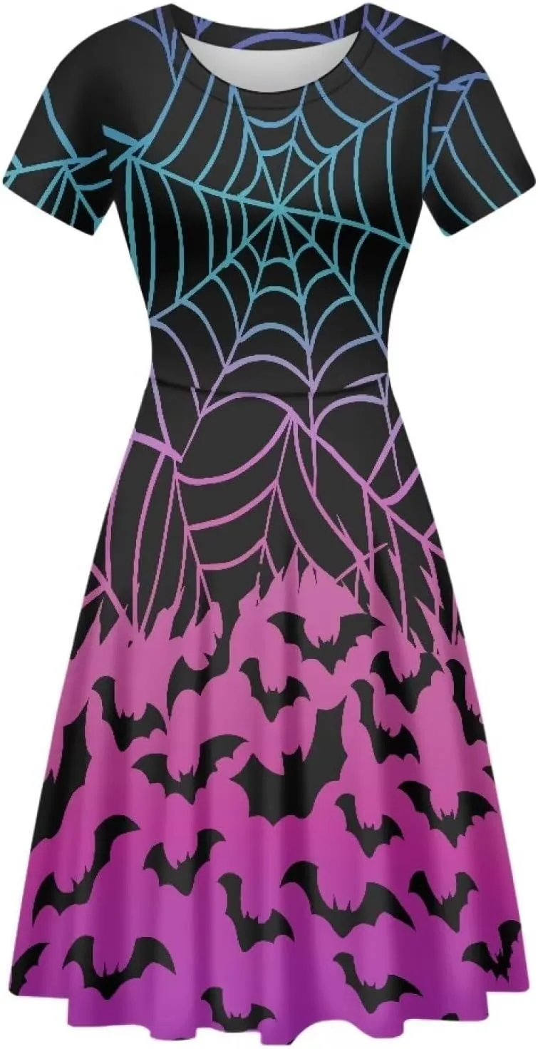 JEOCODY Women Gothic Dress Short Sleeve Crew Neck Halloween Costume Size S-4XL