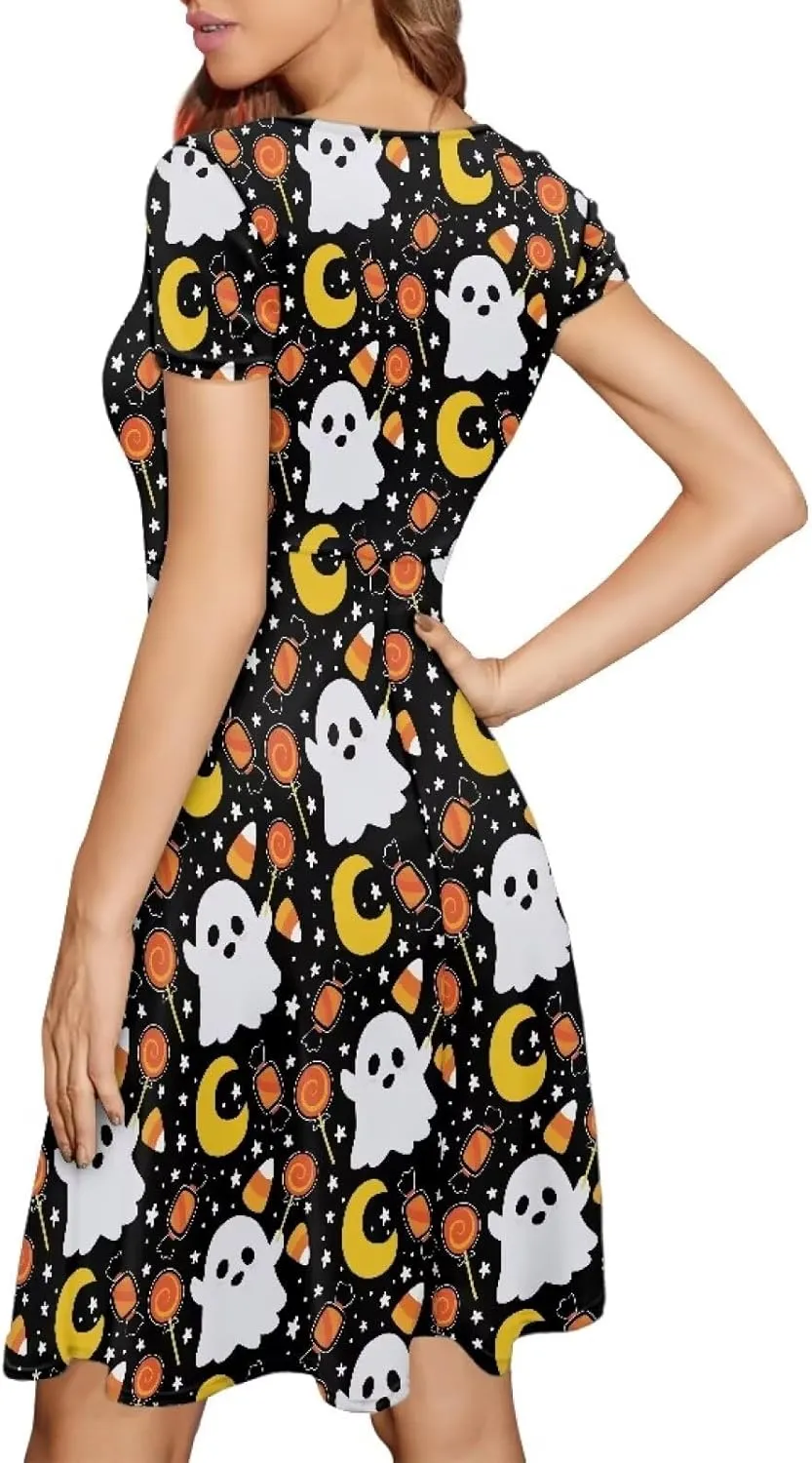 JEOCODY Women Gothic Dress Short Sleeve Crew Neck Halloween Costume Size S-4XL