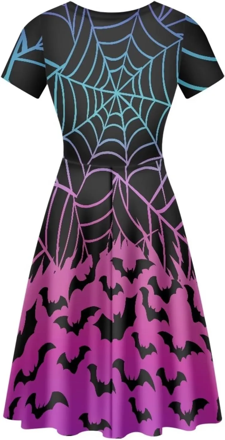 JEOCODY Women Gothic Dress Short Sleeve Crew Neck Halloween Costume Size S-4XL