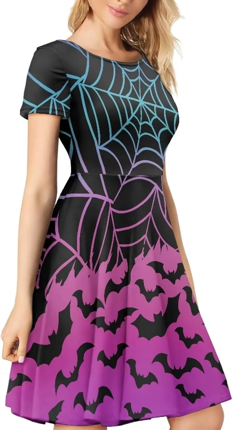 JEOCODY Women Gothic Dress Short Sleeve Crew Neck Halloween Costume Size S-4XL