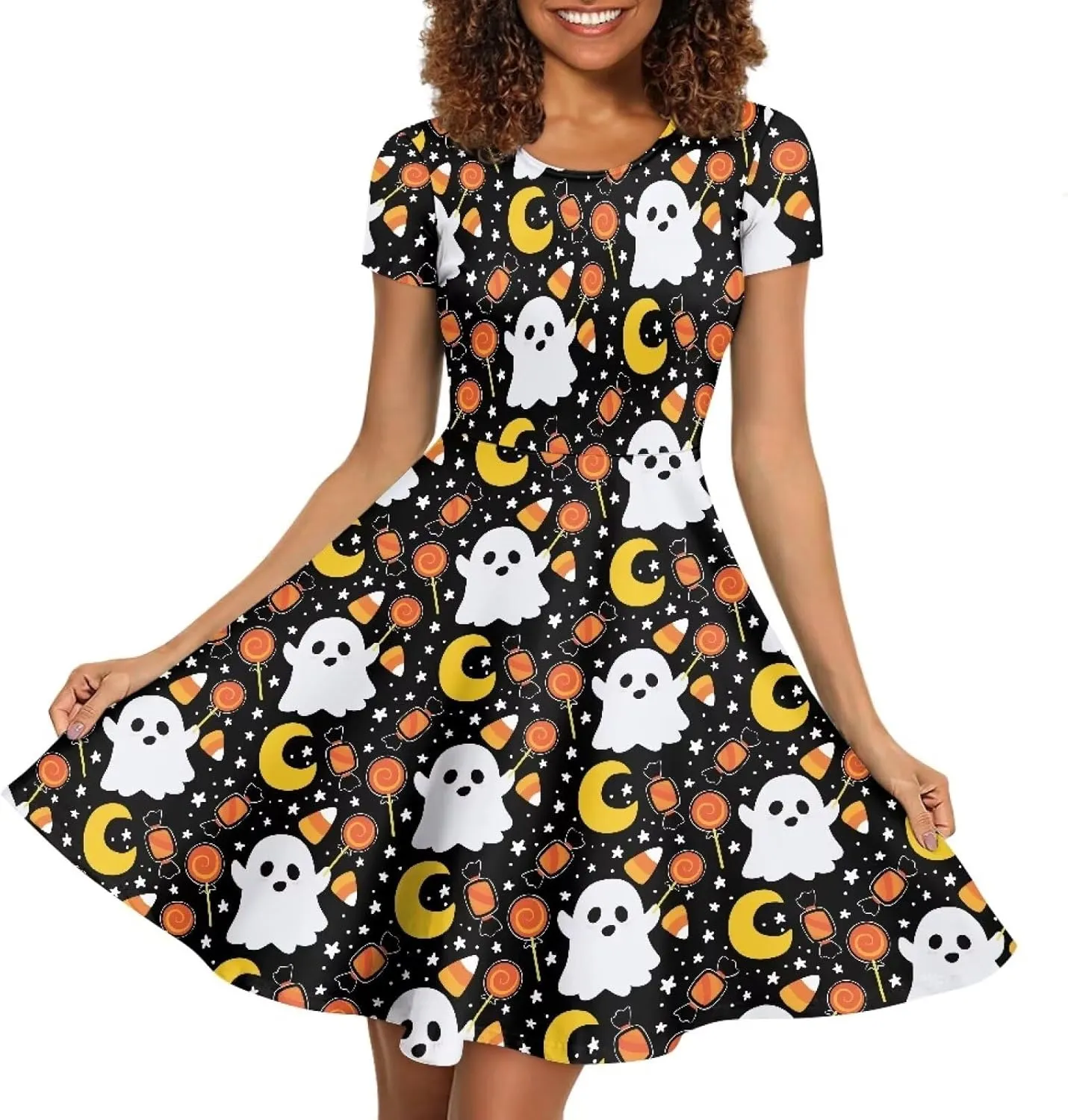 JEOCODY Women Gothic Dress Short Sleeve Crew Neck Halloween Costume Size S-4XL