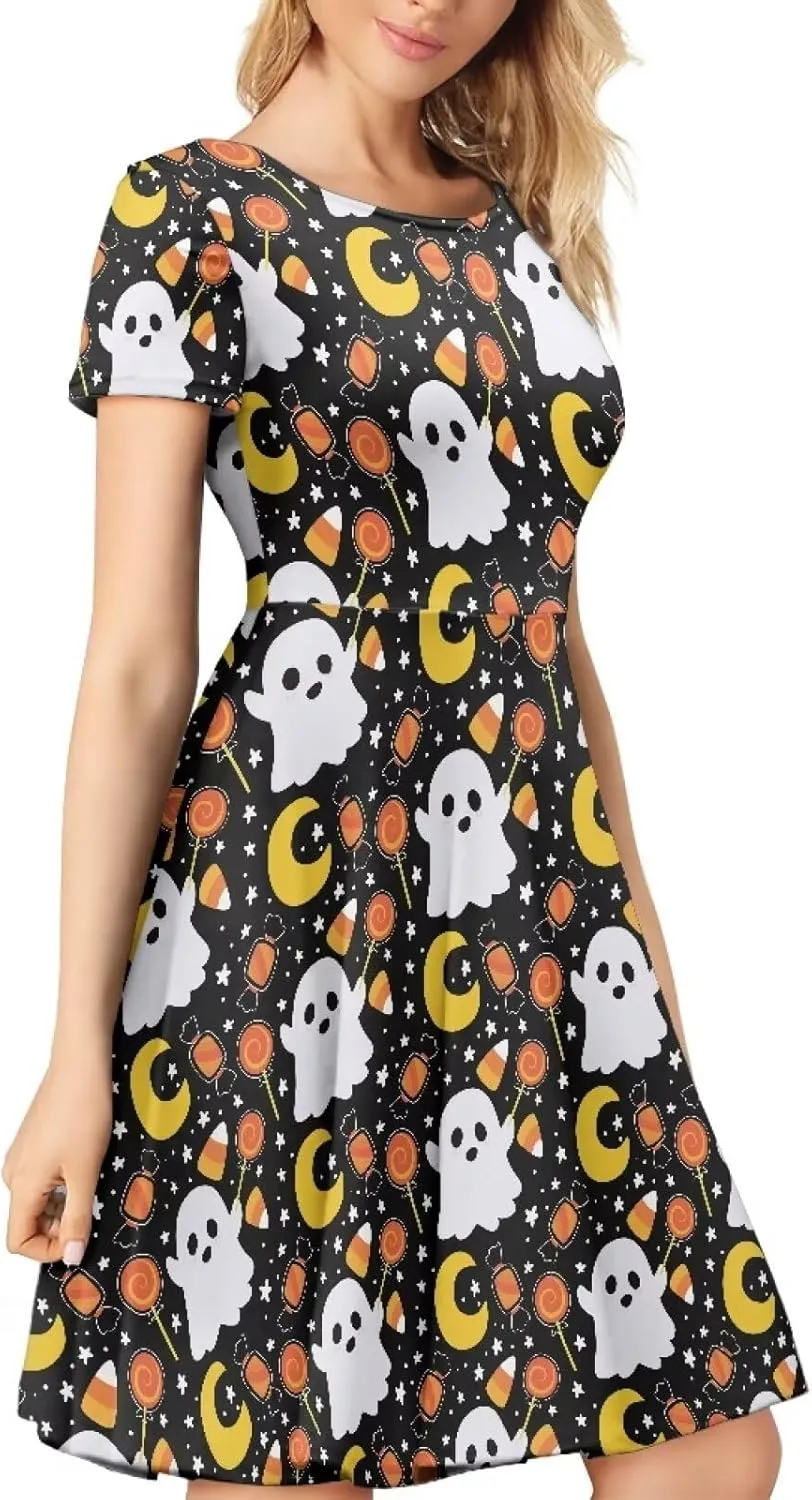 JEOCODY Women Gothic Dress Short Sleeve Crew Neck Halloween Costume Size S-4XL