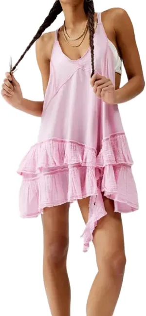 Juakoso Women Y2K Ruffle Cami Mini Dress Low Cut Backless Sleeveless Short Dress Loose A Line Flowy Dress Summer Sundress