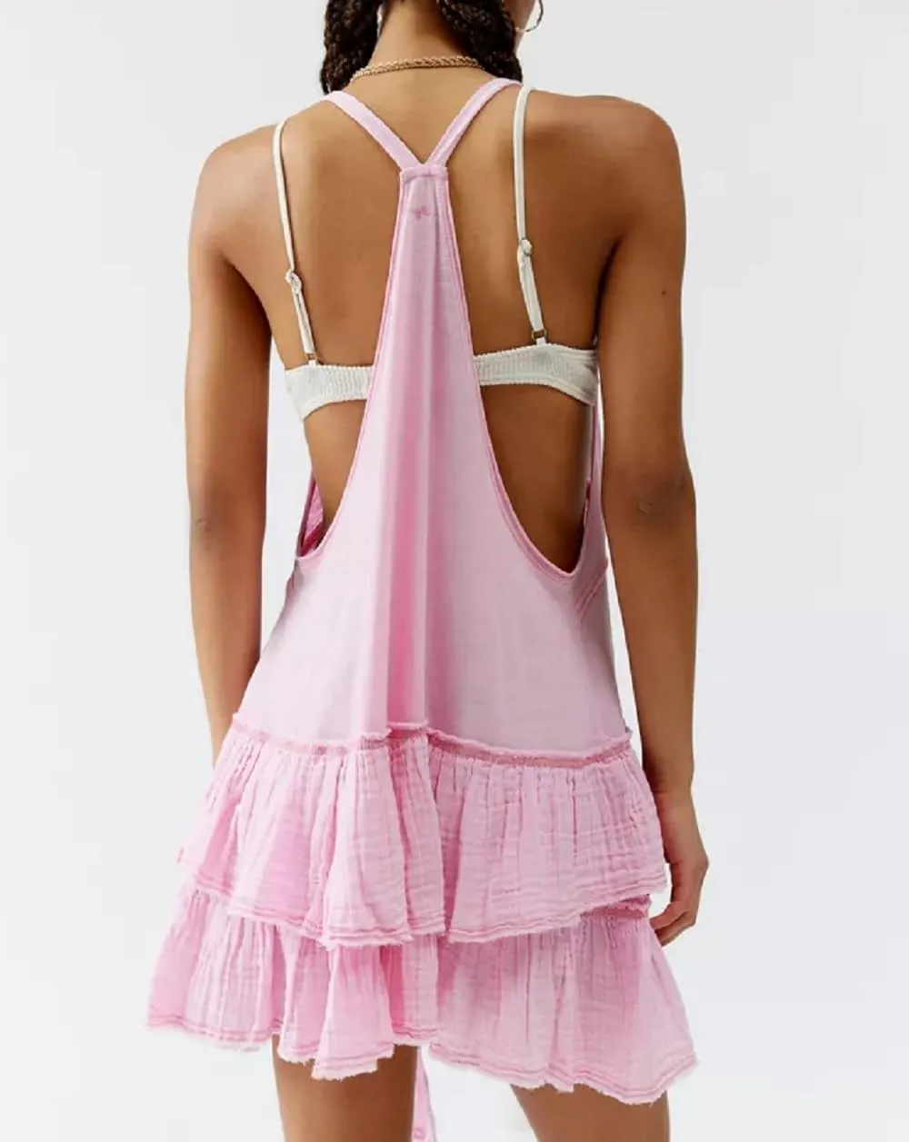 Juakoso Women Y2K Ruffle Cami Mini Dress Low Cut Backless Sleeveless Short Dress Loose A Line Flowy Dress Summer Sundress