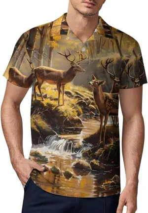 Jungle Hunting Deer Autumn Stream Classic Polo Shirts for Men Quick Dry Short Sleeve Fit Golf Tees Casual Tops