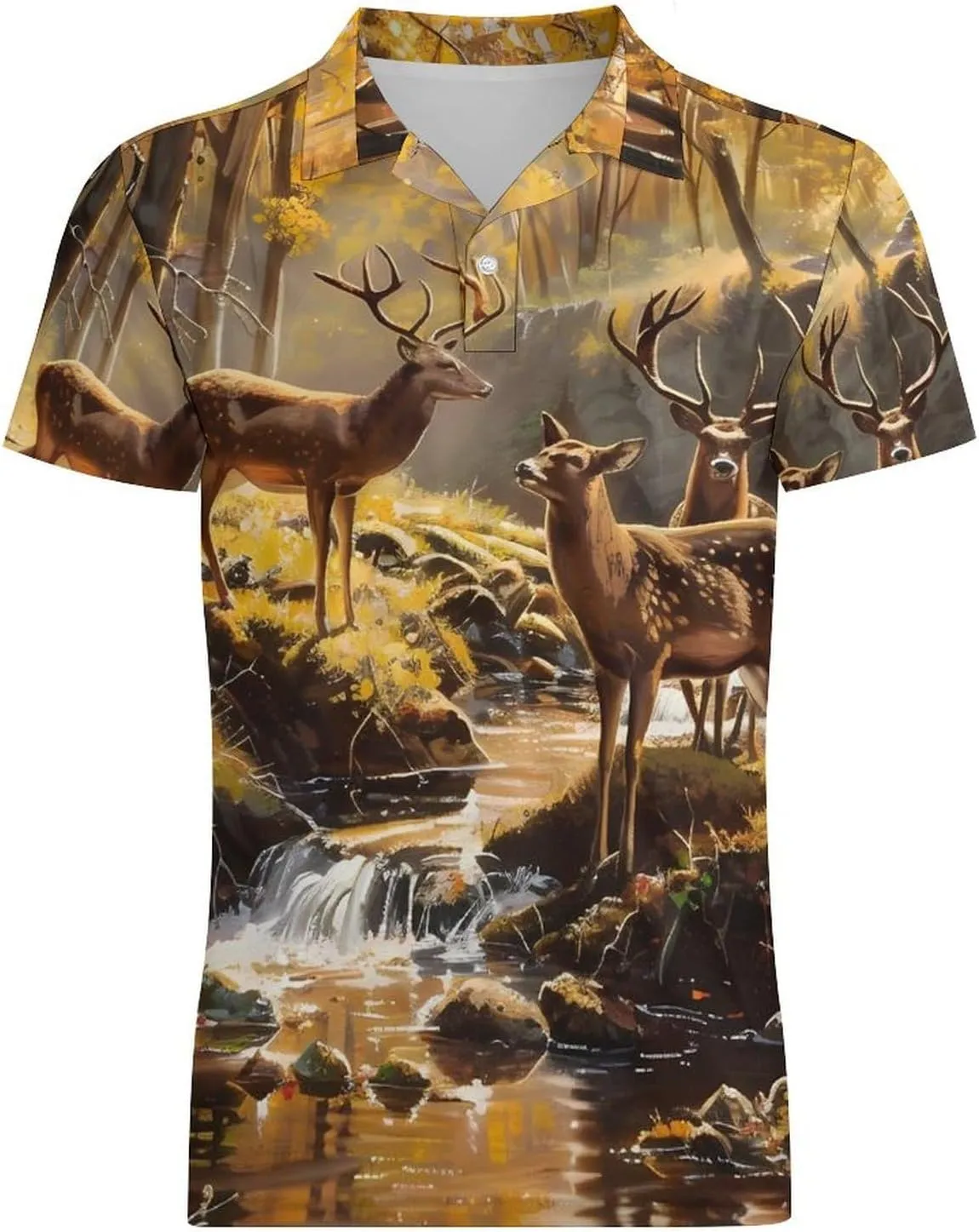 Jungle Hunting Deer Autumn Stream Classic Polo Shirts for Men Quick Dry Short Sleeve Fit Golf Tees Casual Tops