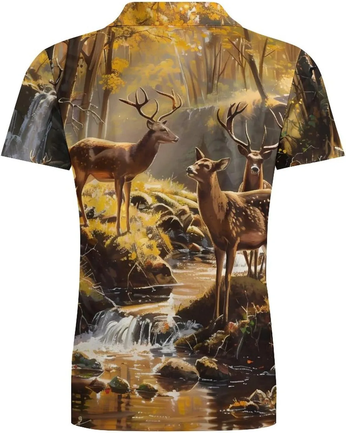 Jungle Hunting Deer Autumn Stream Classic Polo Shirts for Men Quick Dry Short Sleeve Fit Golf Tees Casual Tops