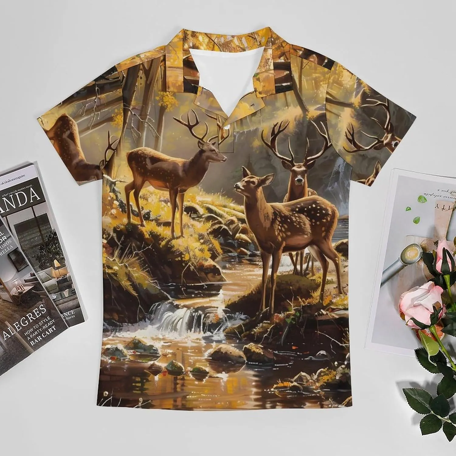 Jungle Hunting Deer Autumn Stream Classic Polo Shirts for Men Quick Dry Short Sleeve Fit Golf Tees Casual Tops