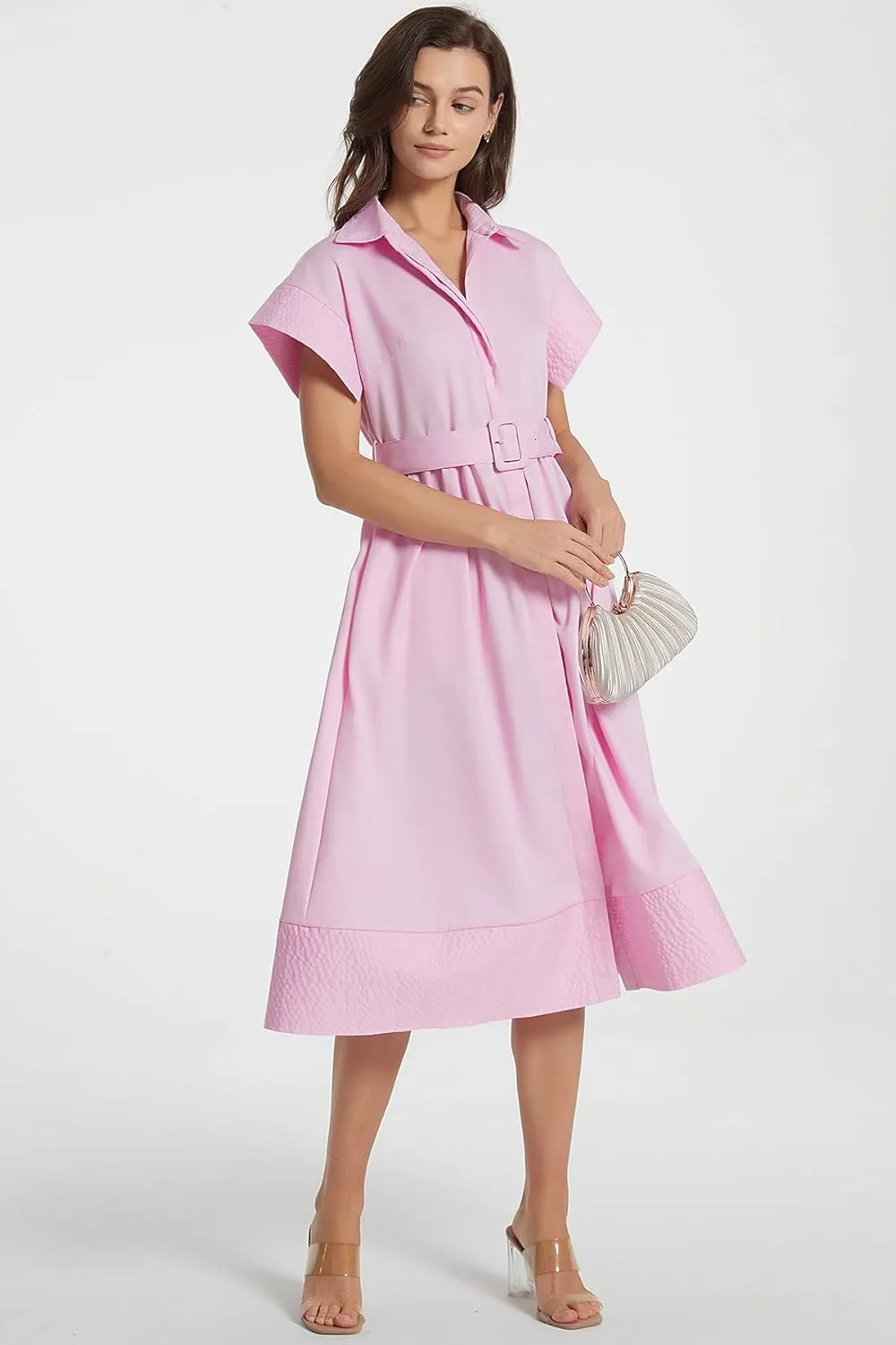 Ladyful Women Casual Button Down Shirt Dress Short Wing Sleeve Buiness Midi Shirt Dress with Belt Elegant Dress