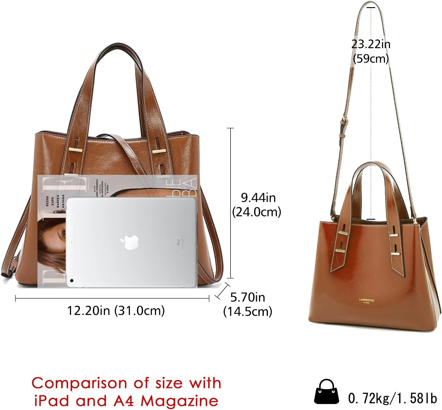 LAORENTOU Cow Leather Designer Handbags for Women, Medium Satchel Purse,Top Handle Bags with Removable Shoulder Strap