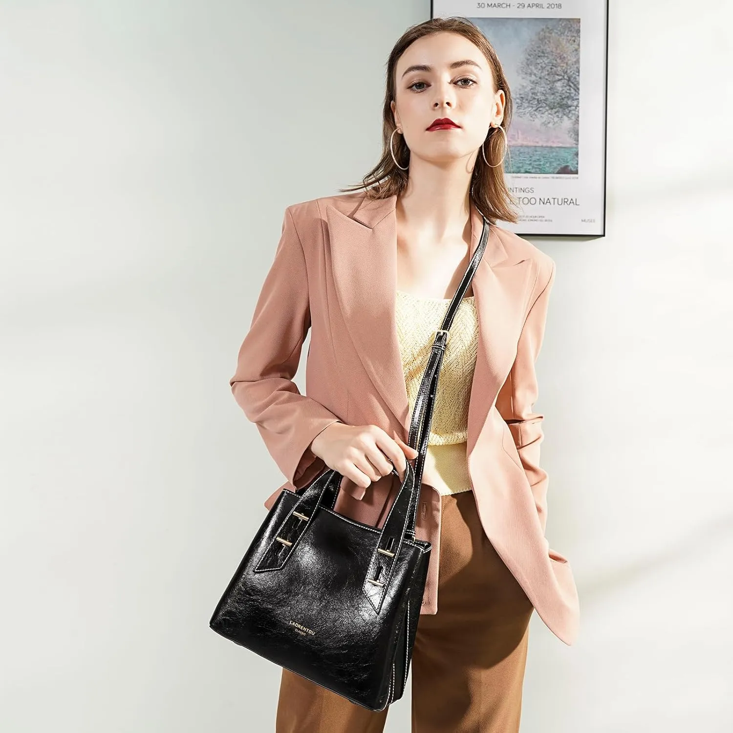 LAORENTOU Cow Leather Designer Handbags for Women, Medium Satchel Purse,Top Handle Bags with Removable Shoulder Strap
