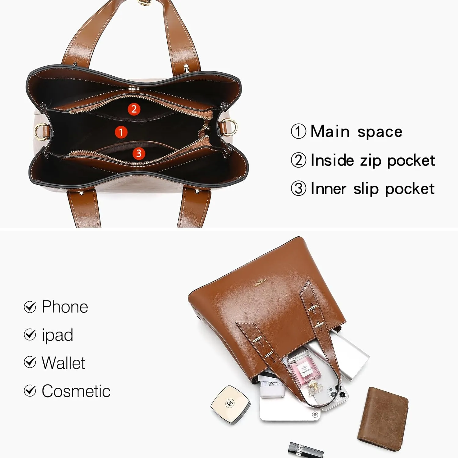 LAORENTOU Cow Leather Designer Handbags for Women, Medium Satchel Purse,Top Handle Bags with Removable Shoulder Strap