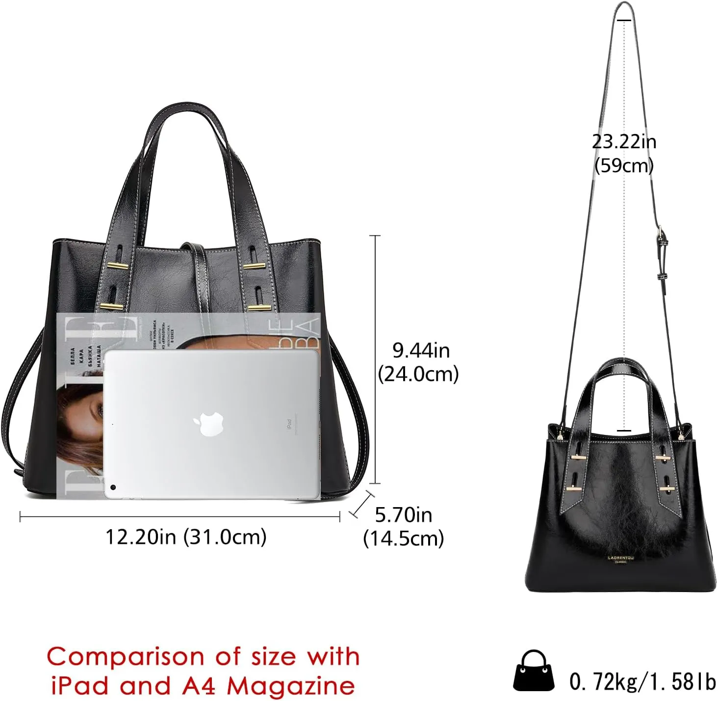 LAORENTOU Cow Leather Designer Handbags for Women, Medium Satchel Purse,Top Handle Bags with Removable Shoulder Strap