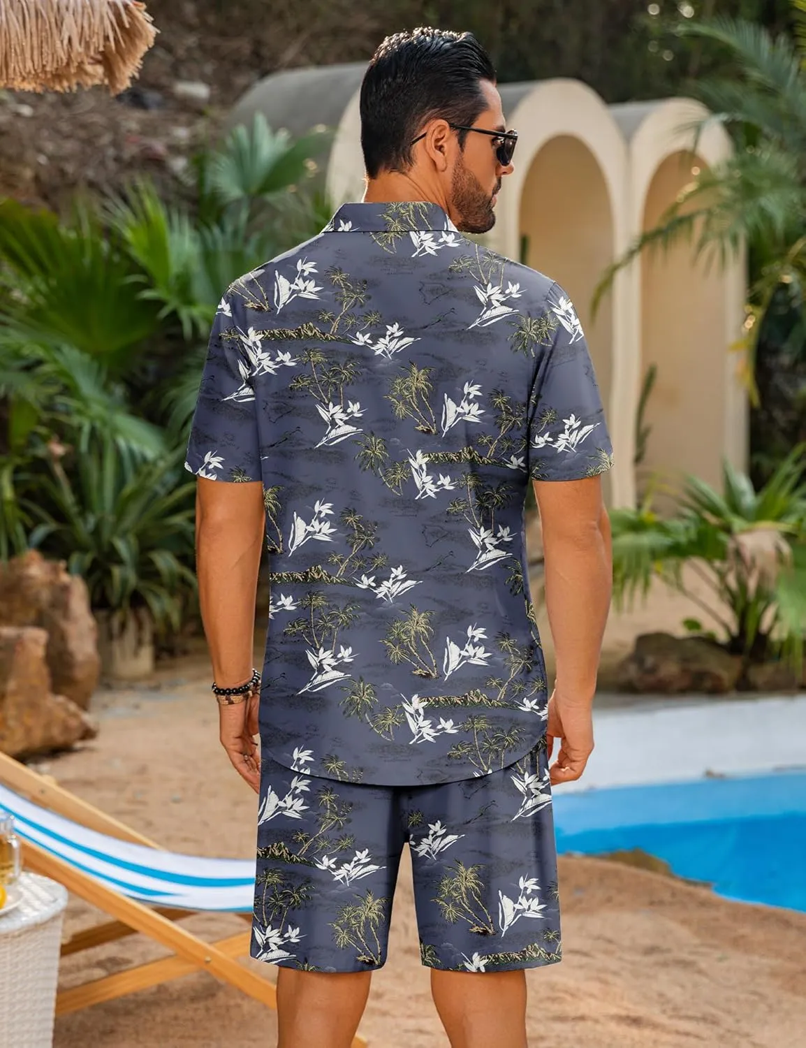 LecGee Men's Hawaiian Shirt Set Summer Hawaii 2 Piece Beach Tropical Button up Top & Shorts Floral Short Sleeve Twin Set