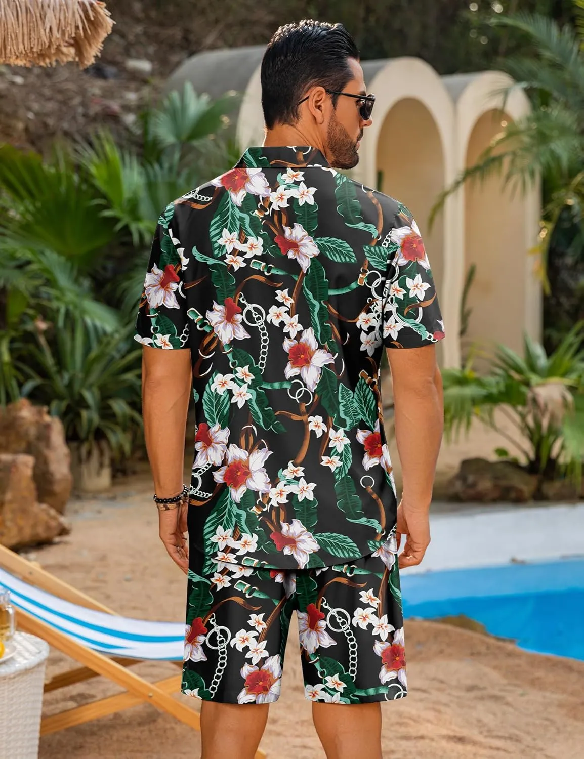 LecGee Men's Hawaiian Shirt Set Summer Hawaii 2 Piece Beach Tropical Button up Top & Shorts Floral Short Sleeve Twin Set
