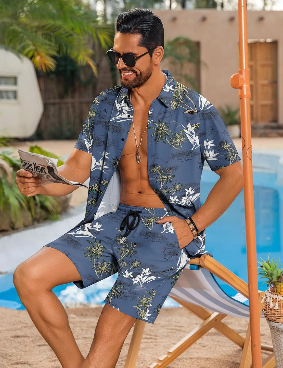 LecGee Men's Hawaiian Shirt Set Summer Hawaii 2 Piece Beach Tropical Button up Top & Shorts Floral Short Sleeve Twin Set