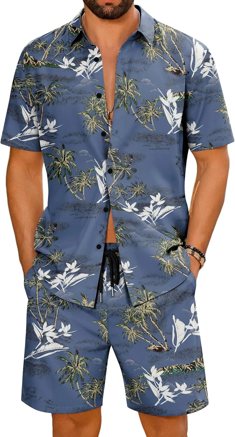 LecGee Men's Hawaiian Shirt Set Summer Hawaii 2 Piece Beach Tropical Button up Top & Shorts Floral Short Sleeve Twin Set