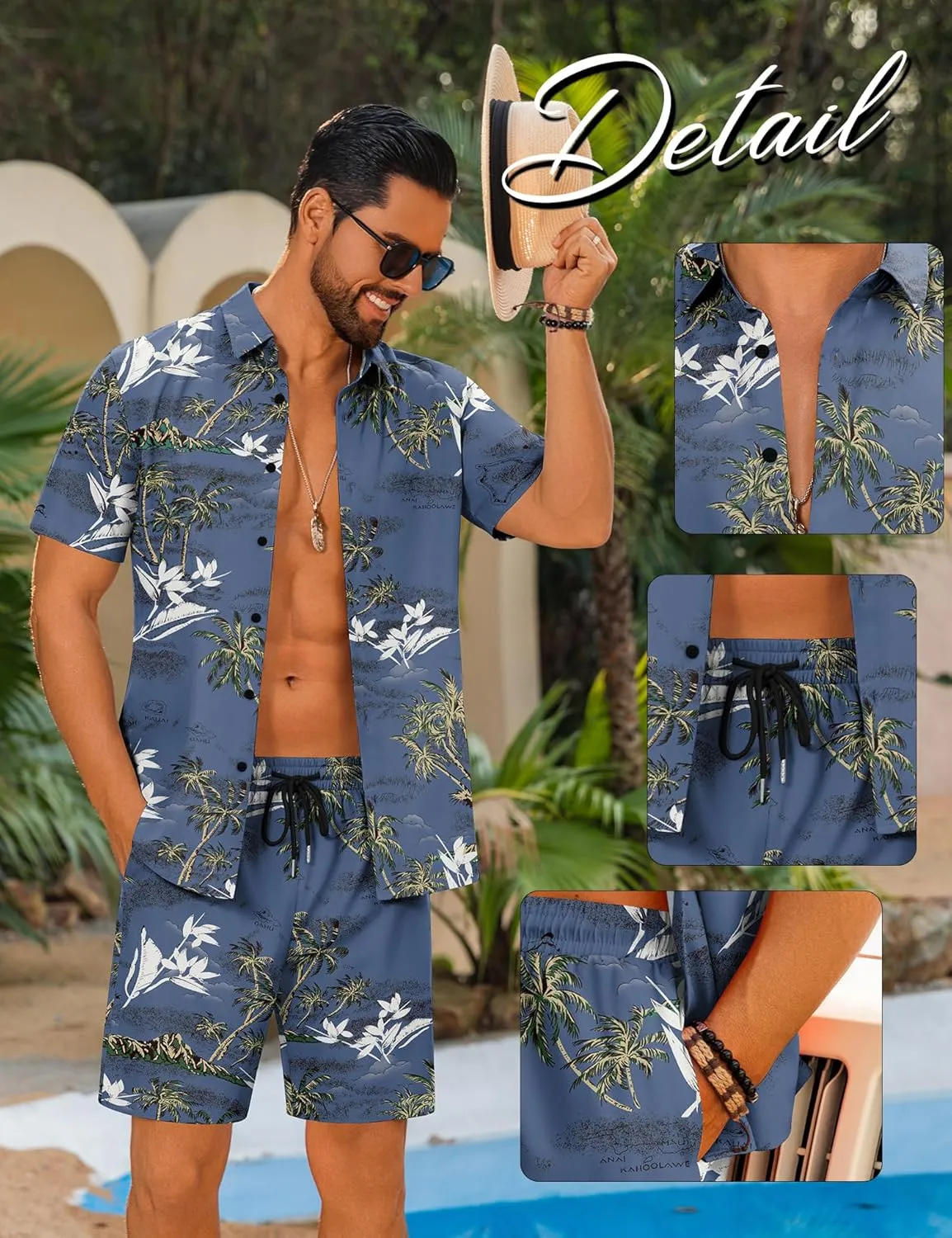 LecGee Men's Hawaiian Shirt Set Summer Hawaii 2 Piece Beach Tropical Button up Top & Shorts Floral Short Sleeve Twin Set