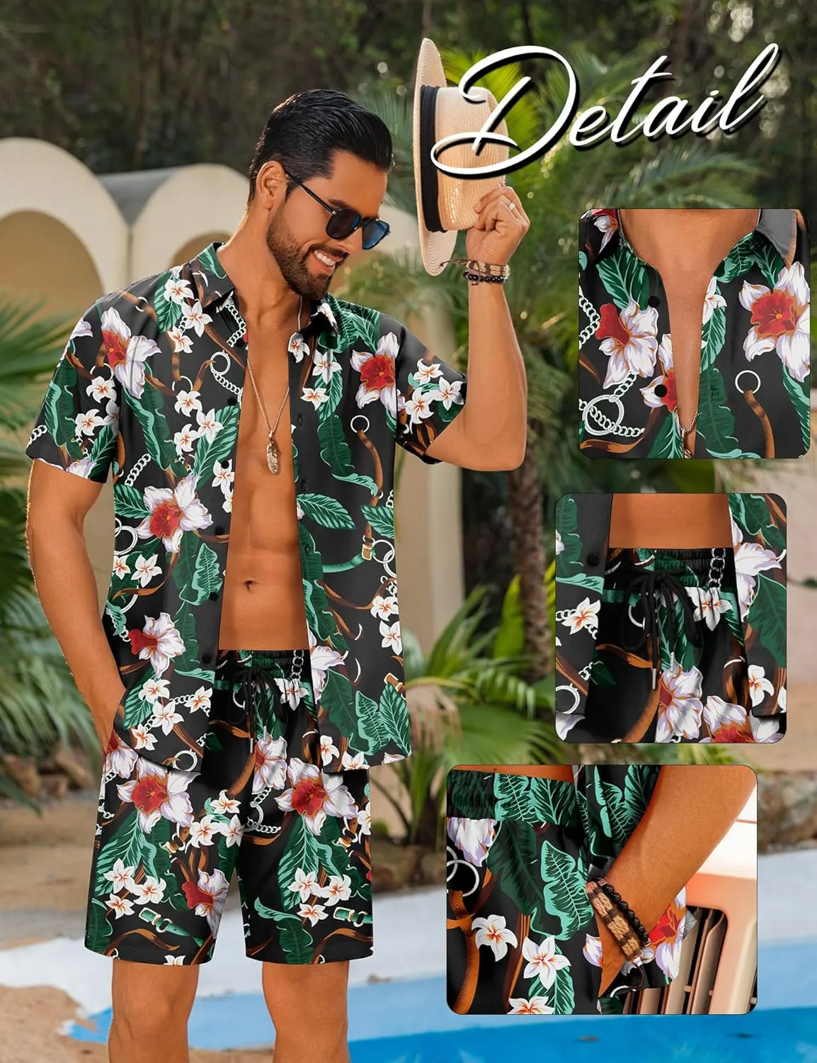 LecGee Men's Hawaiian Shirt Set Summer Hawaii 2 Piece Beach Tropical Button up Top & Shorts Floral Short Sleeve Twin Set