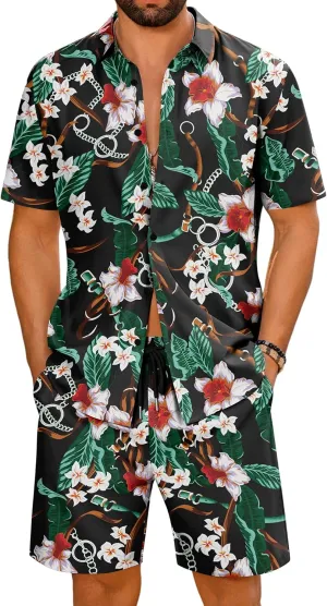 LecGee Men's Hawaiian Shirt Set Summer Hawaii 2 Piece Beach Tropical Button up Top & Shorts Floral Short Sleeve Twin Set