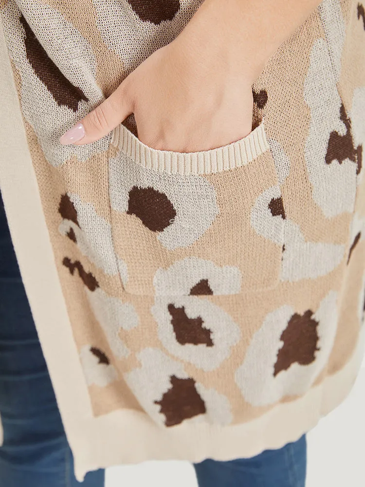 Leopard Print Open Front Patched Pocket Cardigan