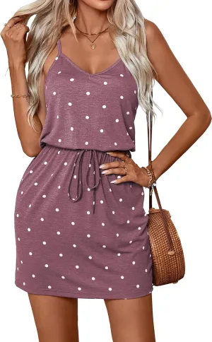 levaca Womens Summer Dress Spaghetti Straps Tie Waist Casual Beach Cover Up Vacation Mini Sundresses