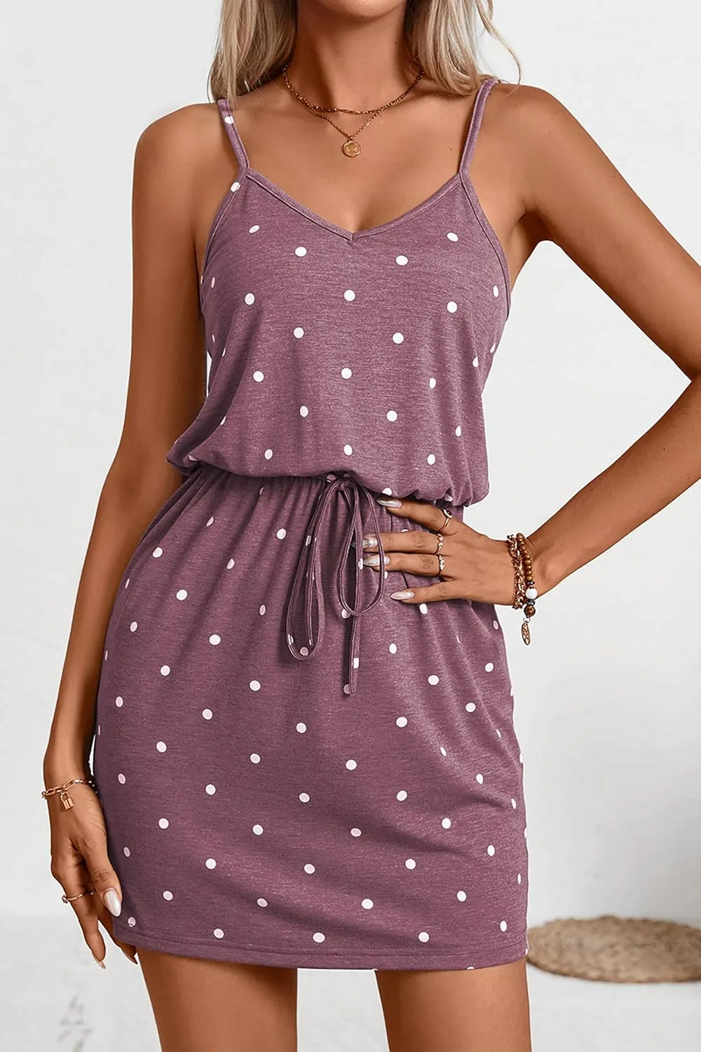 levaca Womens Summer Dress Spaghetti Straps Tie Waist Casual Beach Cover Up Vacation Mini Sundresses