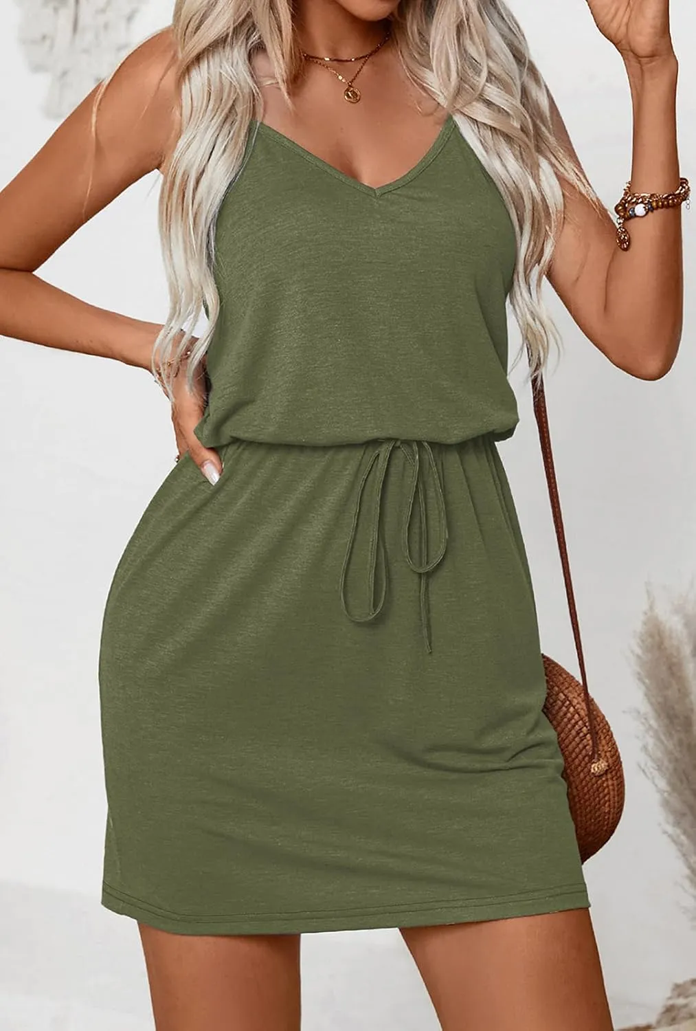 levaca Womens Summer Dress Spaghetti Straps Tie Waist Casual Beach Cover Up Vacation Mini Sundresses