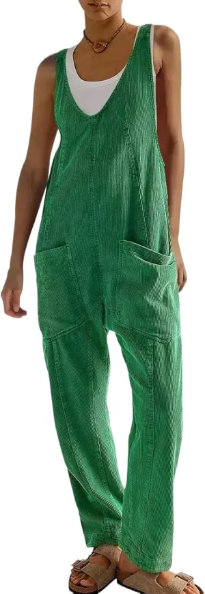 LifeShe Women Corduroy Overalls V Neck Sleeveless Harem Long Pants Jumpsuits Adjustable Strap Baggy Rompers