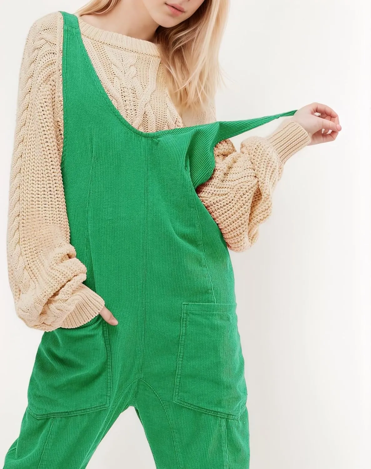 LifeShe Women Corduroy Overalls V Neck Sleeveless Harem Long Pants Jumpsuits Adjustable Strap Baggy Rompers