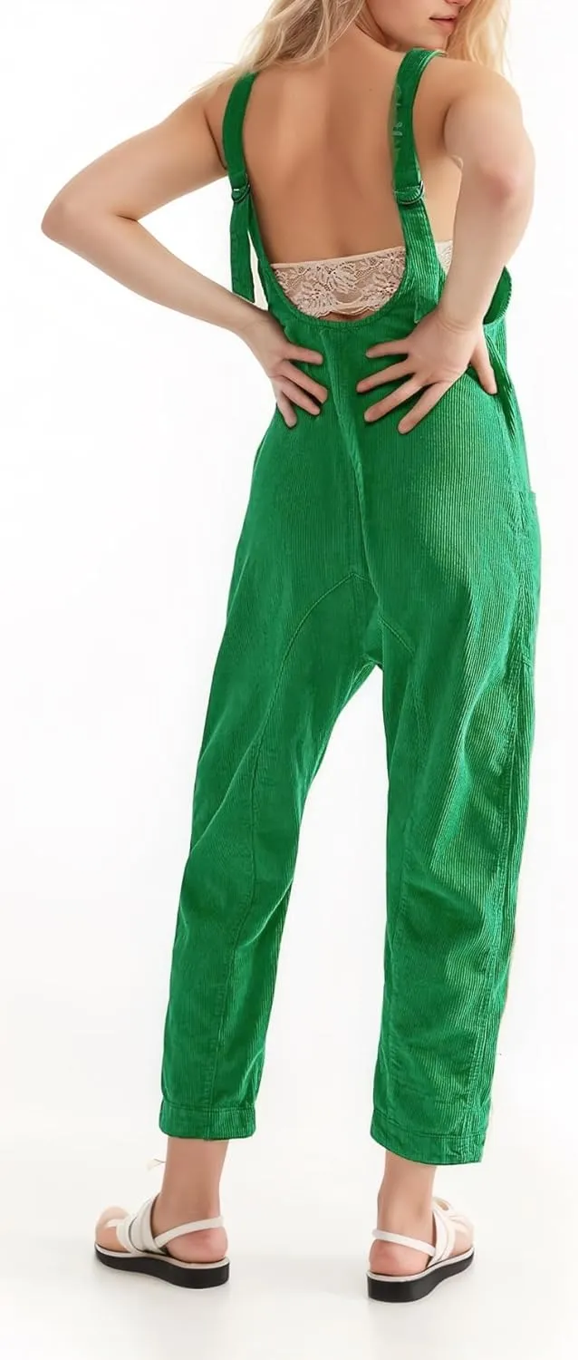 LifeShe Women Corduroy Overalls V Neck Sleeveless Harem Long Pants Jumpsuits Adjustable Strap Baggy Rompers