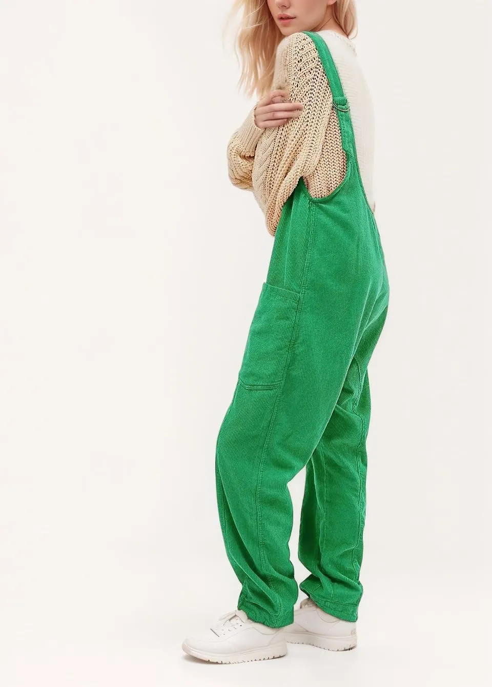 LifeShe Women Corduroy Overalls V Neck Sleeveless Harem Long Pants Jumpsuits Adjustable Strap Baggy Rompers