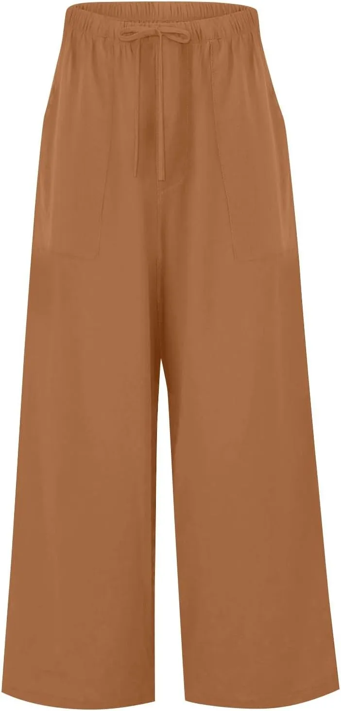 Linen Pants Women Drawstring High Waist Wide Leg Pants Long Palazzo Beach Pant with Pockets Casual Travel Vacation Outfits