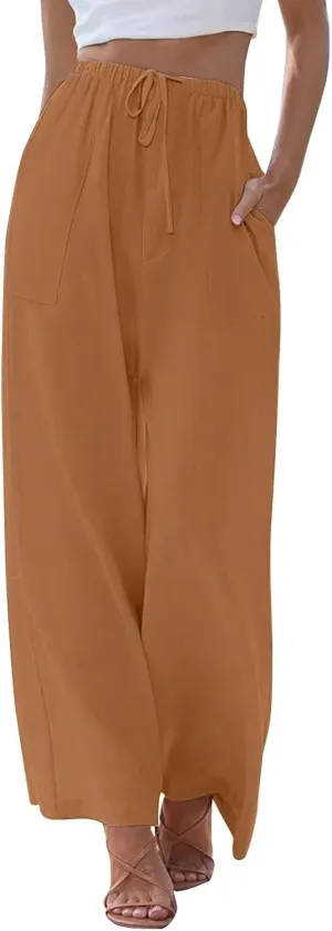 Linen Pants Women Drawstring High Waist Wide Leg Pants Long Palazzo Beach Pant with Pockets Casual Travel Vacation Outfits