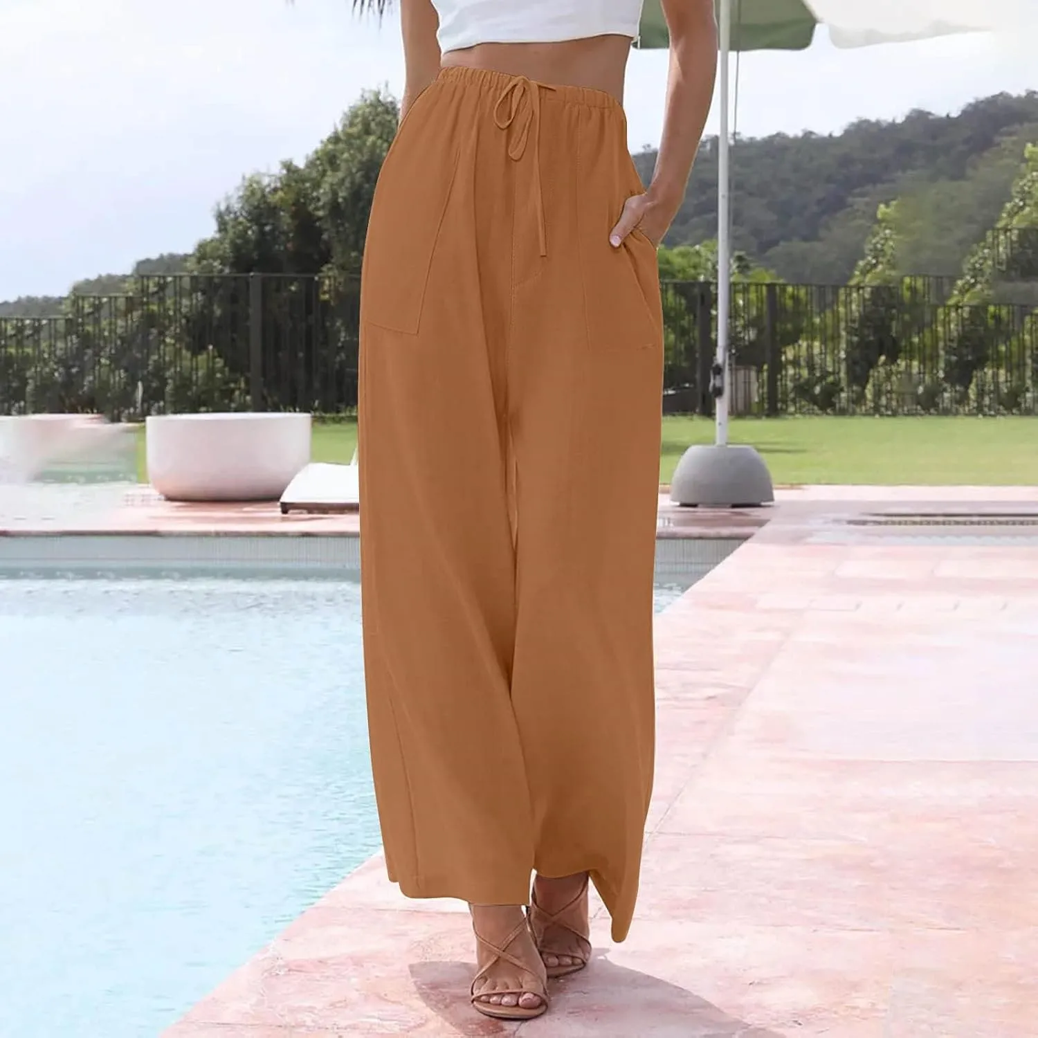Linen Pants Women Drawstring High Waist Wide Leg Pants Long Palazzo Beach Pant with Pockets Casual Travel Vacation Outfits