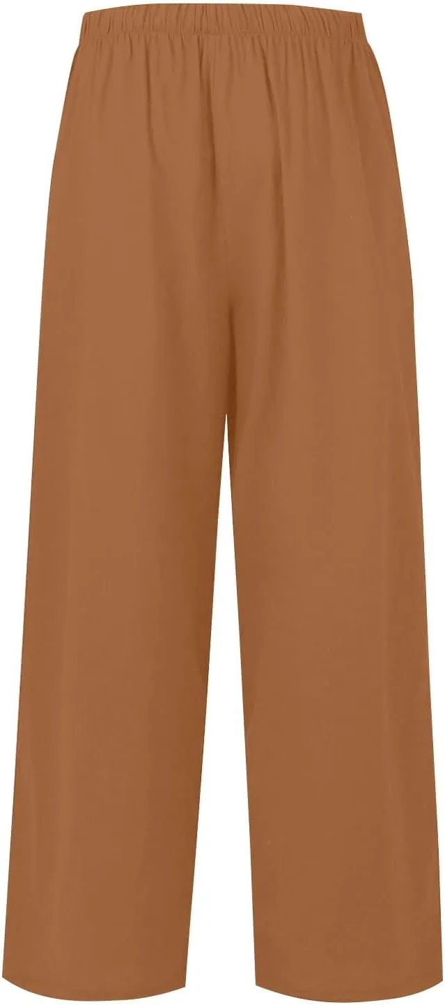 Linen Pants Women Drawstring High Waist Wide Leg Pants Long Palazzo Beach Pant with Pockets Casual Travel Vacation Outfits