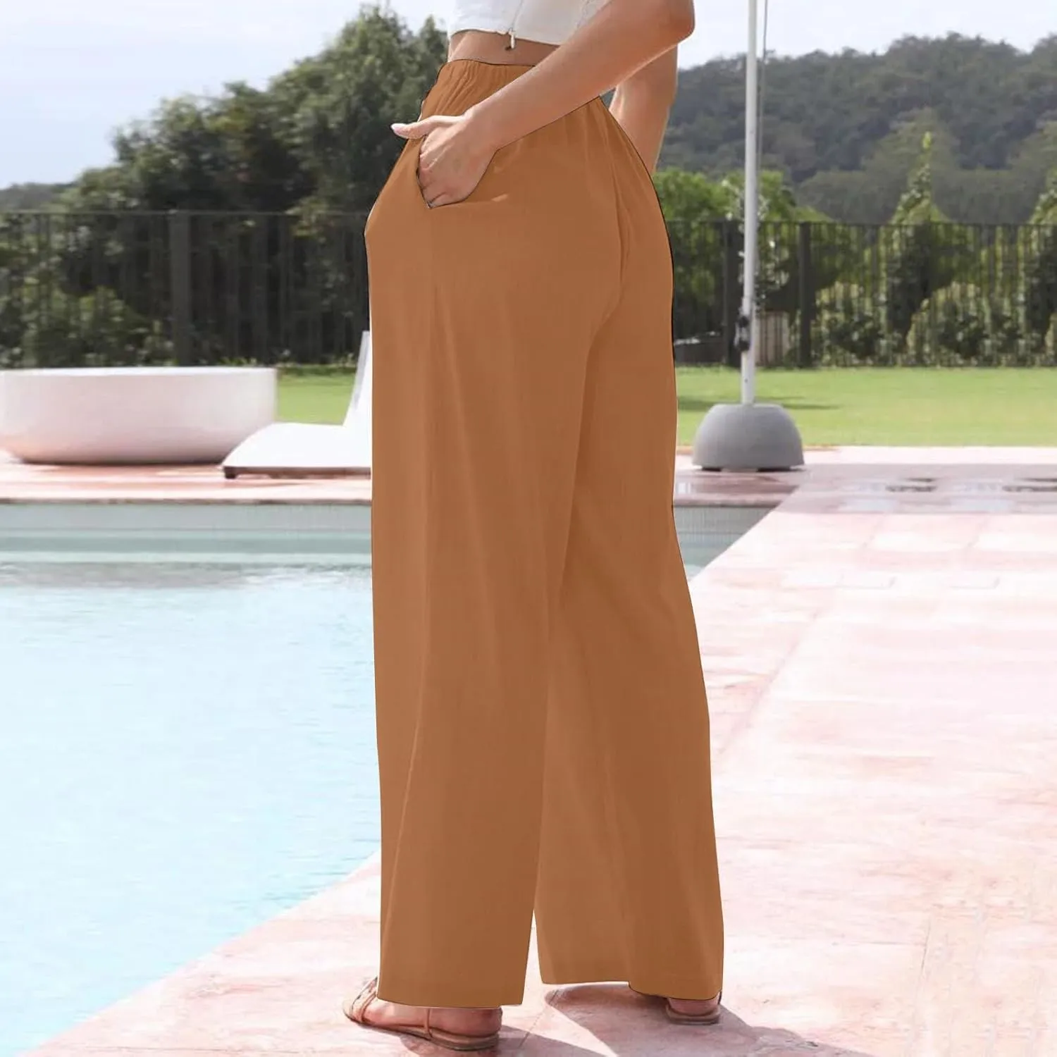 Linen Pants Women Drawstring High Waist Wide Leg Pants Long Palazzo Beach Pant with Pockets Casual Travel Vacation Outfits