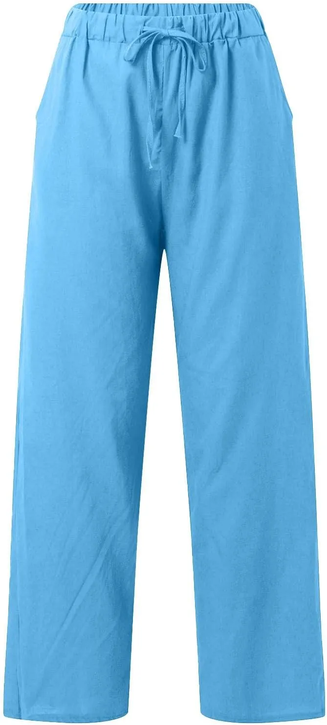 Linen Pants Women High Waist Wide Leg Pants Cotton Linen Lounge Summer Trousers Casual Palazzo Pants Beach Outfits for Women