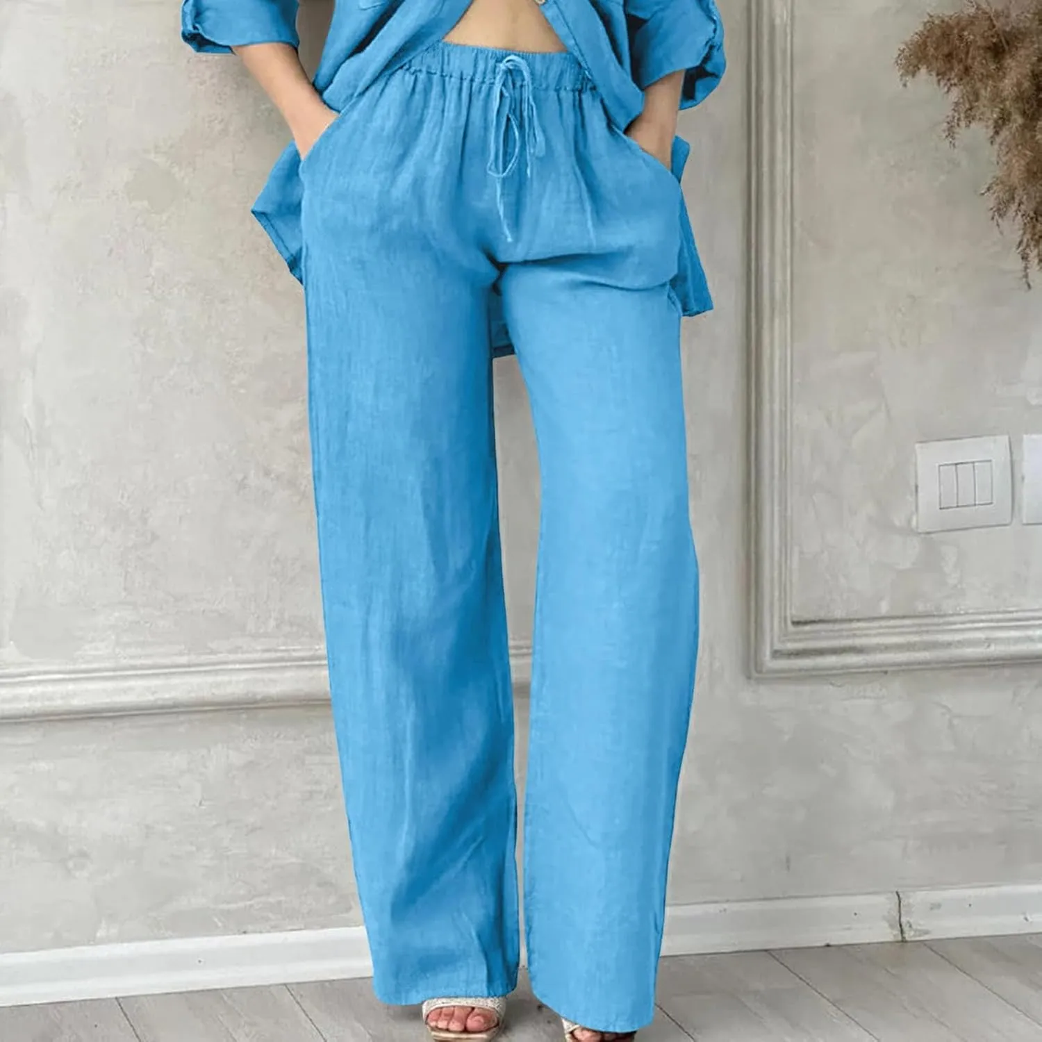 Linen Pants Women High Waist Wide Leg Pants Cotton Linen Lounge Summer Trousers Casual Palazzo Pants Beach Outfits for Women