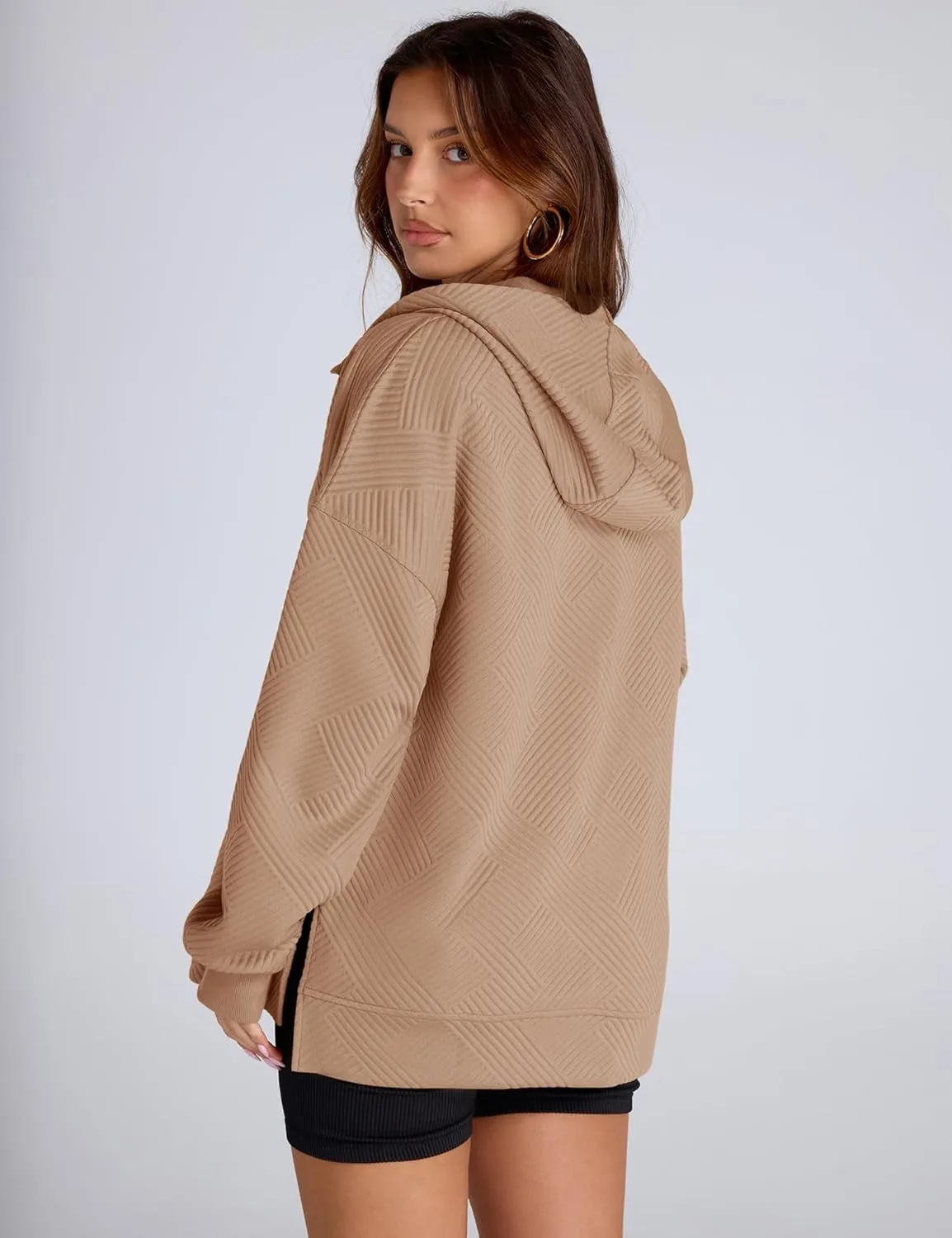 LOMON Womens Oversized Half Zip Hoodies Long Sleeve Textured Casual Sweatshirts Loose Fall Pullover Tops with Pockets