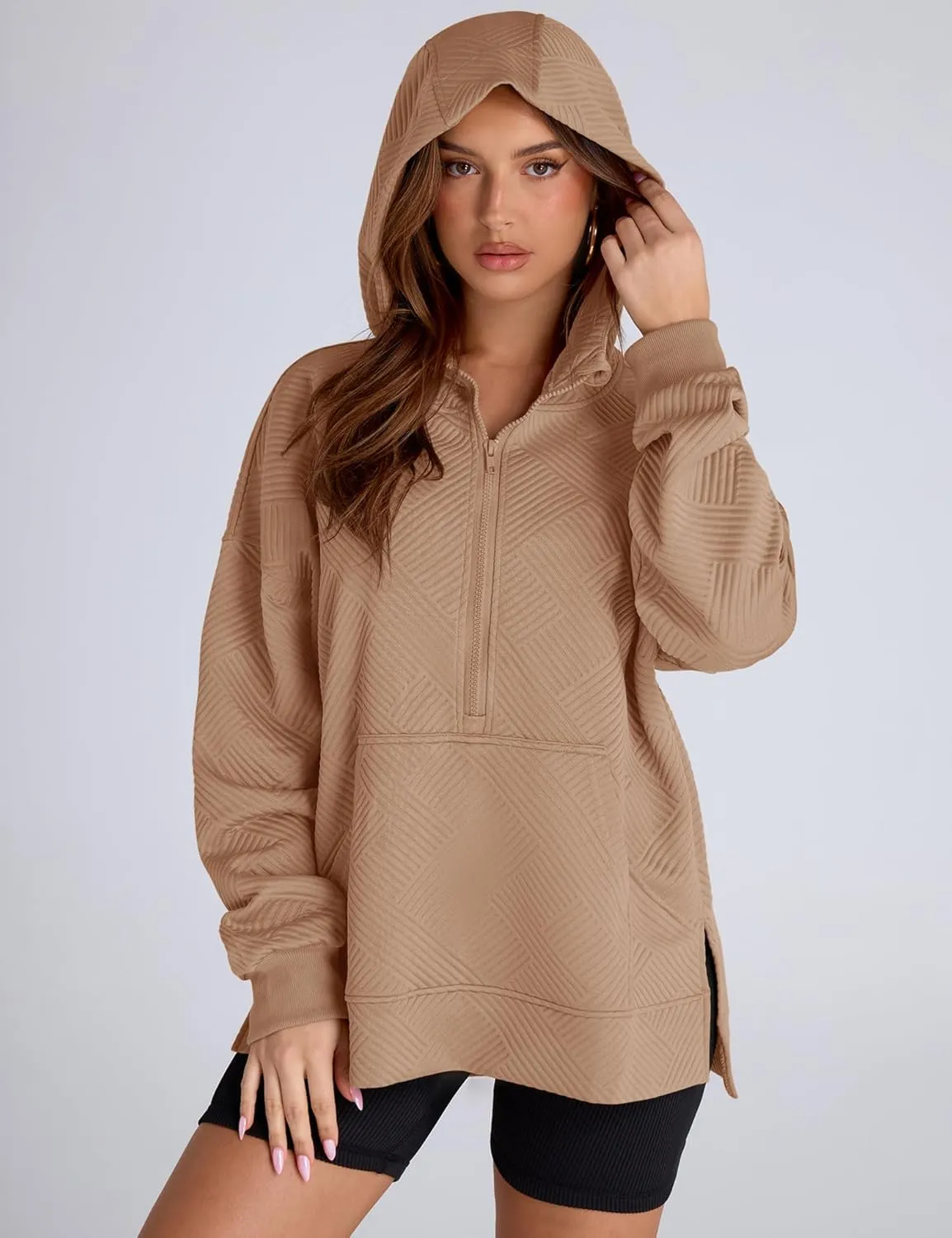 LOMON Womens Oversized Half Zip Hoodies Long Sleeve Textured Casual Sweatshirts Loose Fall Pullover Tops with Pockets