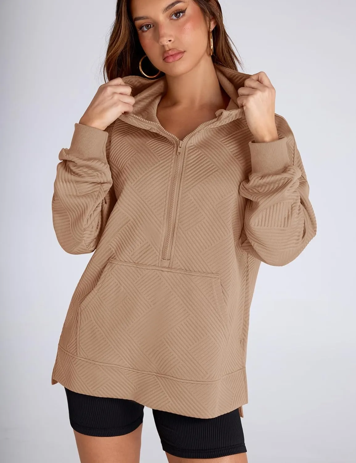 LOMON Womens Oversized Half Zip Hoodies Long Sleeve Textured Casual Sweatshirts Loose Fall Pullover Tops with Pockets