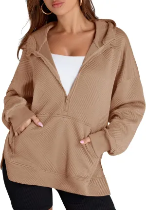 LOMON Womens Oversized Half Zip Hoodies Long Sleeve Textured Casual Sweatshirts Loose Fall Pullover Tops with Pockets