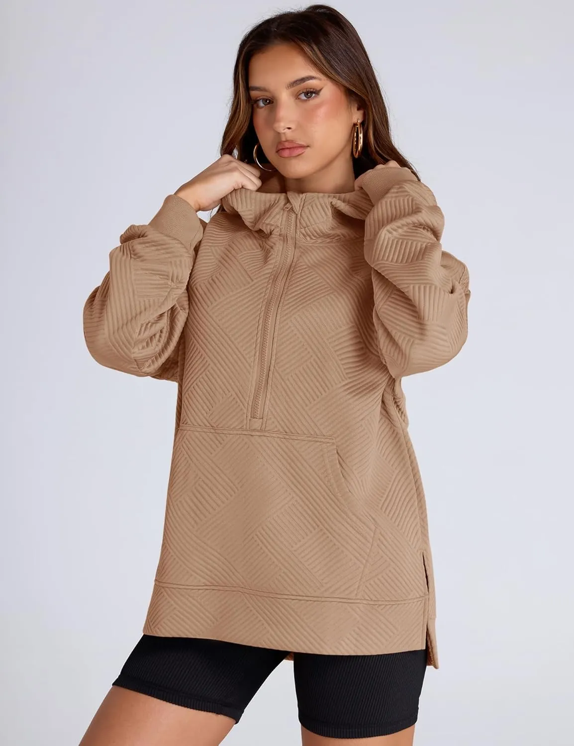 LOMON Womens Oversized Half Zip Hoodies Long Sleeve Textured Casual Sweatshirts Loose Fall Pullover Tops with Pockets