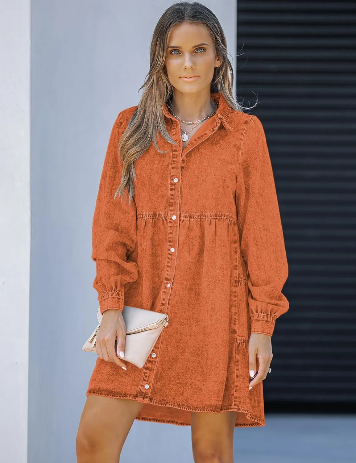 LookbookStore Long Sleeve Denim Dress for Women Jean Dress Button Down Casual Babydoll Denim Shirt Dress