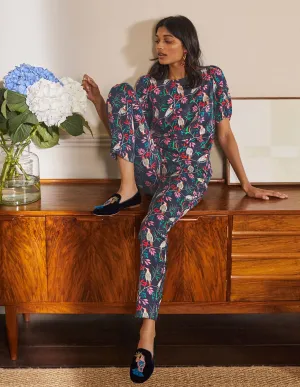 Ludlow Satin Trousers-French Navy, Berry Bird