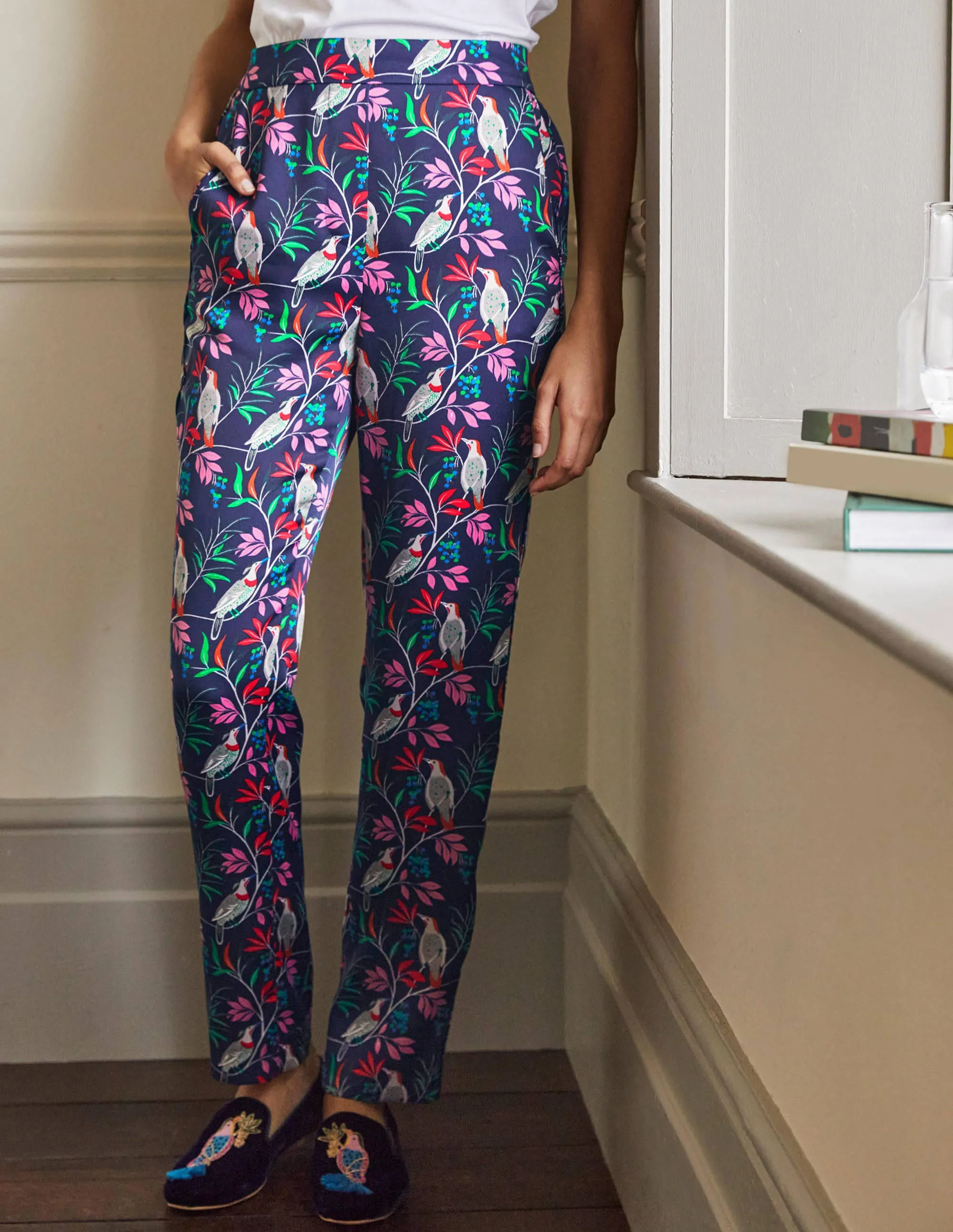 Ludlow Satin Trousers-French Navy, Berry Bird